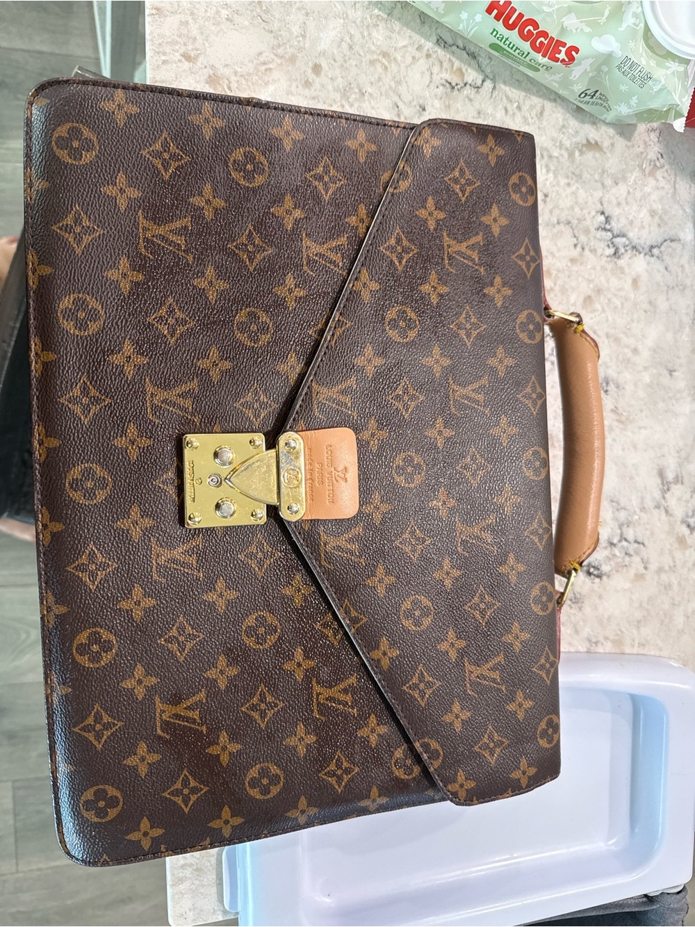 Louis Vuitton Monogram Briefcase in Brown and Tan with Gold Hardware